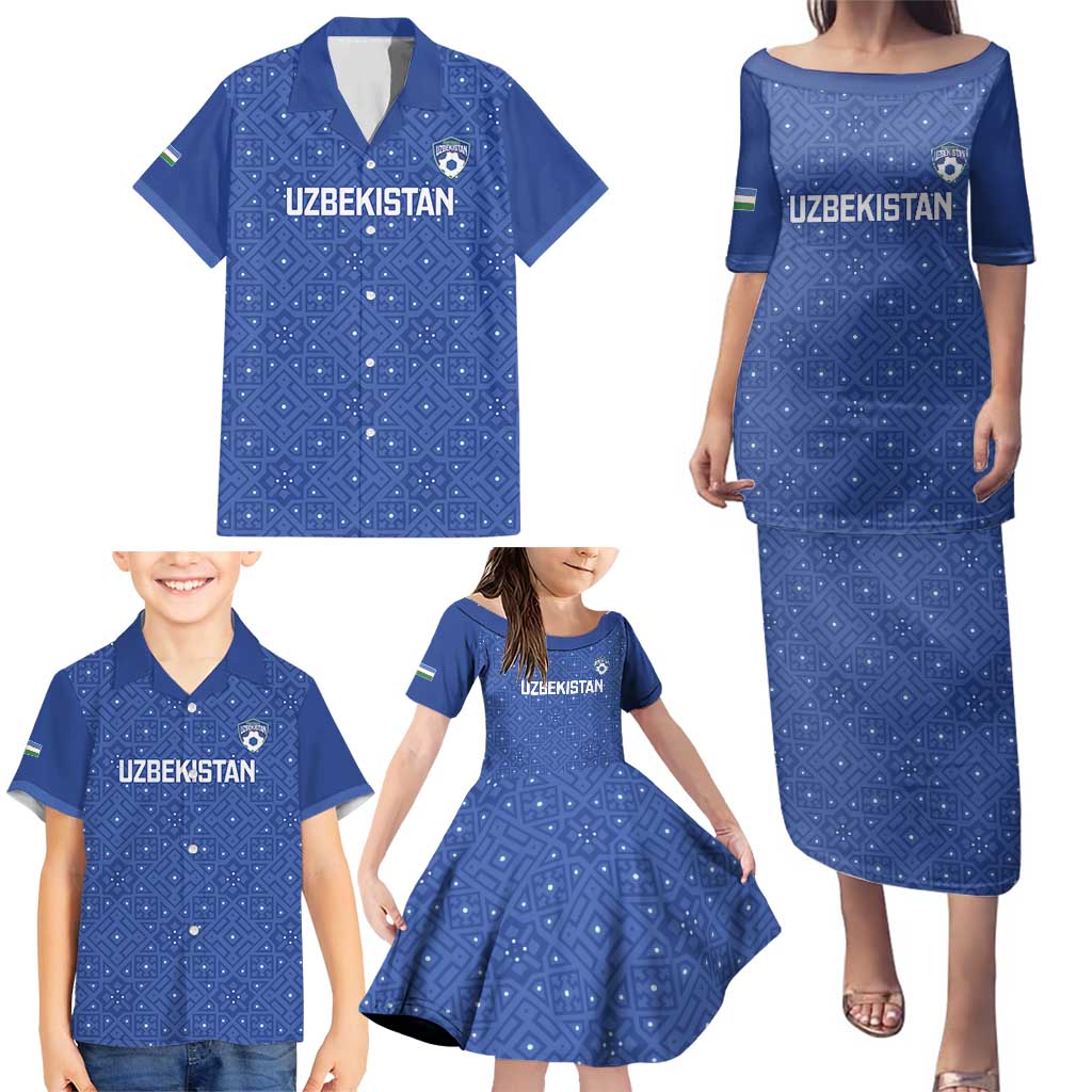 Uzbekistan Football Custom Family Matching Puletasi and Hawaiian Shirt Come On White Wolves Blue - Wonder Print Shop