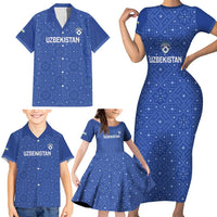 Uzbekistan Football Custom Family Matching Short Sleeve Bodycon Dress and Hawaiian Shirt Come On White Wolves Blue - Wonder Print Shop