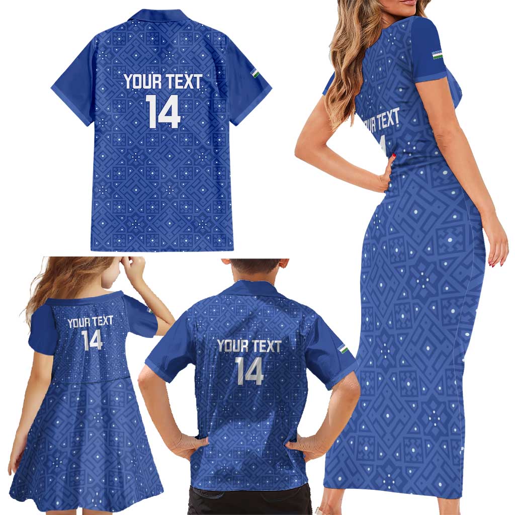 Uzbekistan Football Custom Family Matching Short Sleeve Bodycon Dress and Hawaiian Shirt Come On White Wolves Blue - Wonder Print Shop