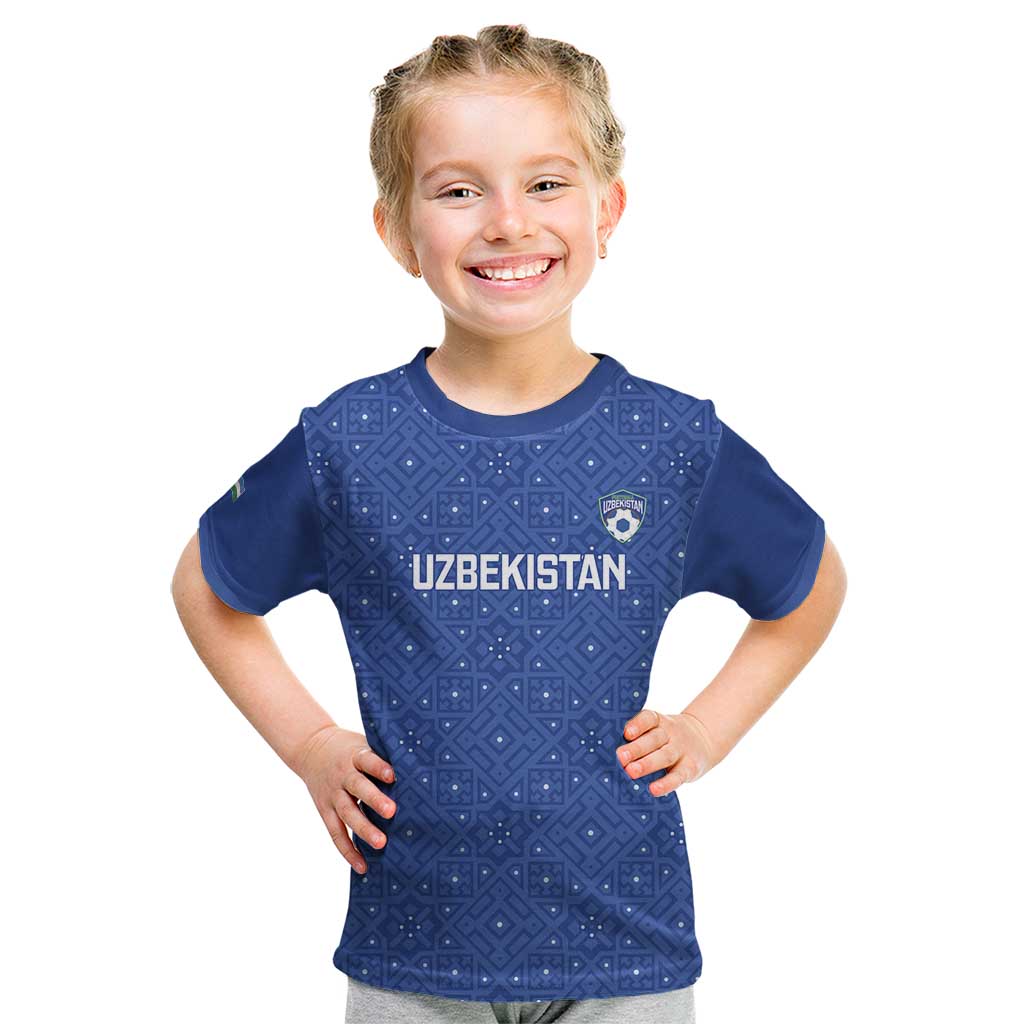 Uzbekistan Football Custom Kid T Shirt Come On White Wolves Blue - Wonder Print Shop