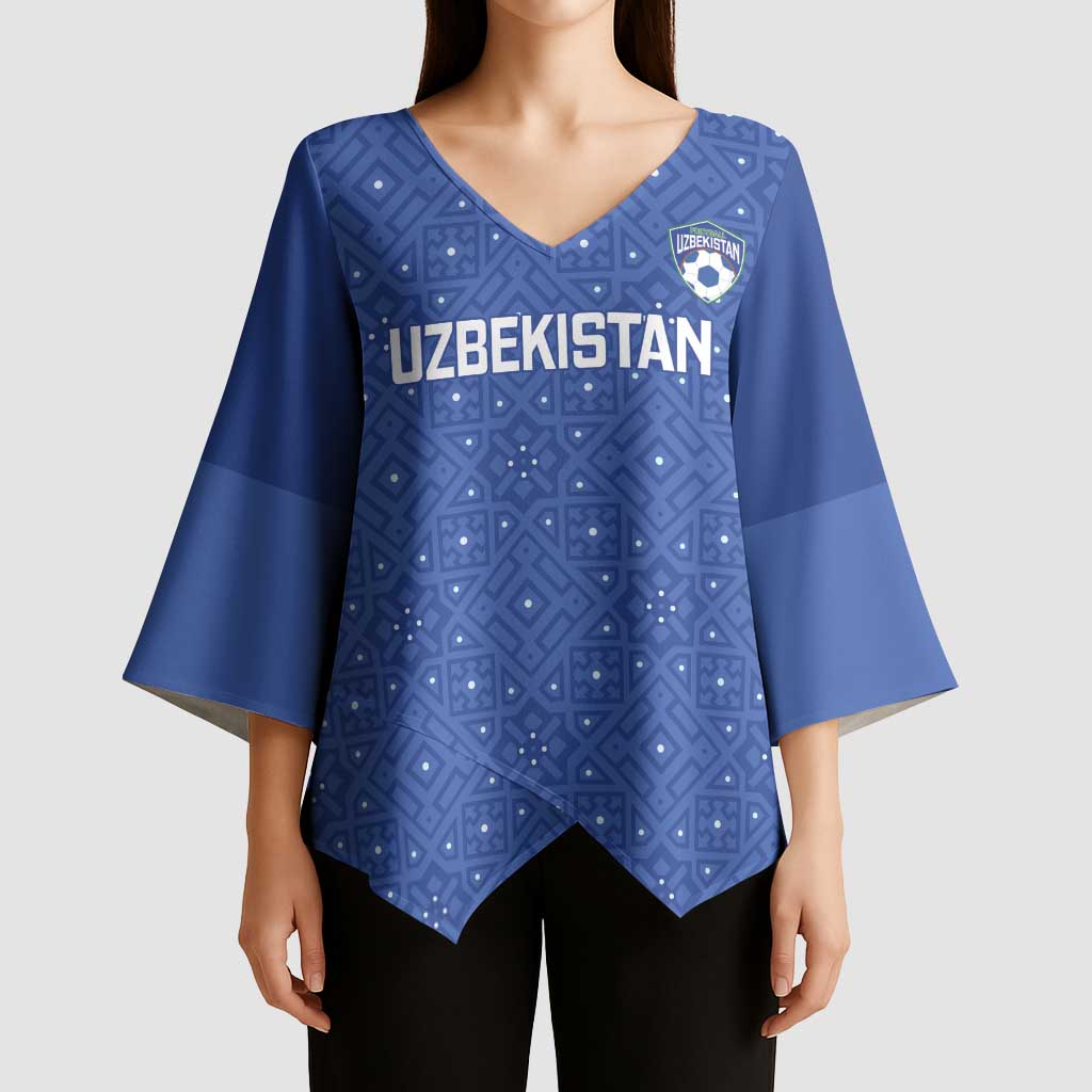 Uzbekistan Football Custom Kimono Sleeve Blouse Come On White Wolves Blue - Wonder Print Shop