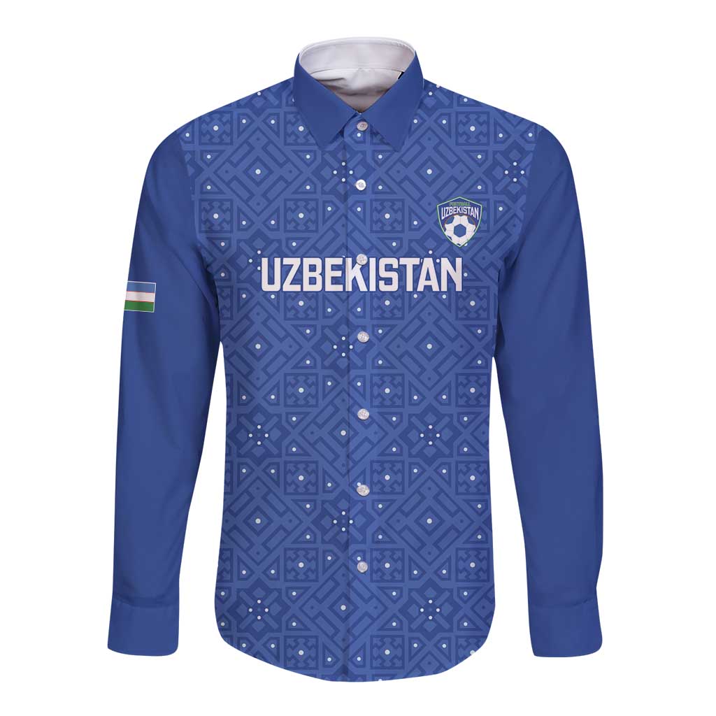 Uzbekistan Football Custom Long Sleeve Button Shirt Come On White Wolves Blue - Wonder Print Shop