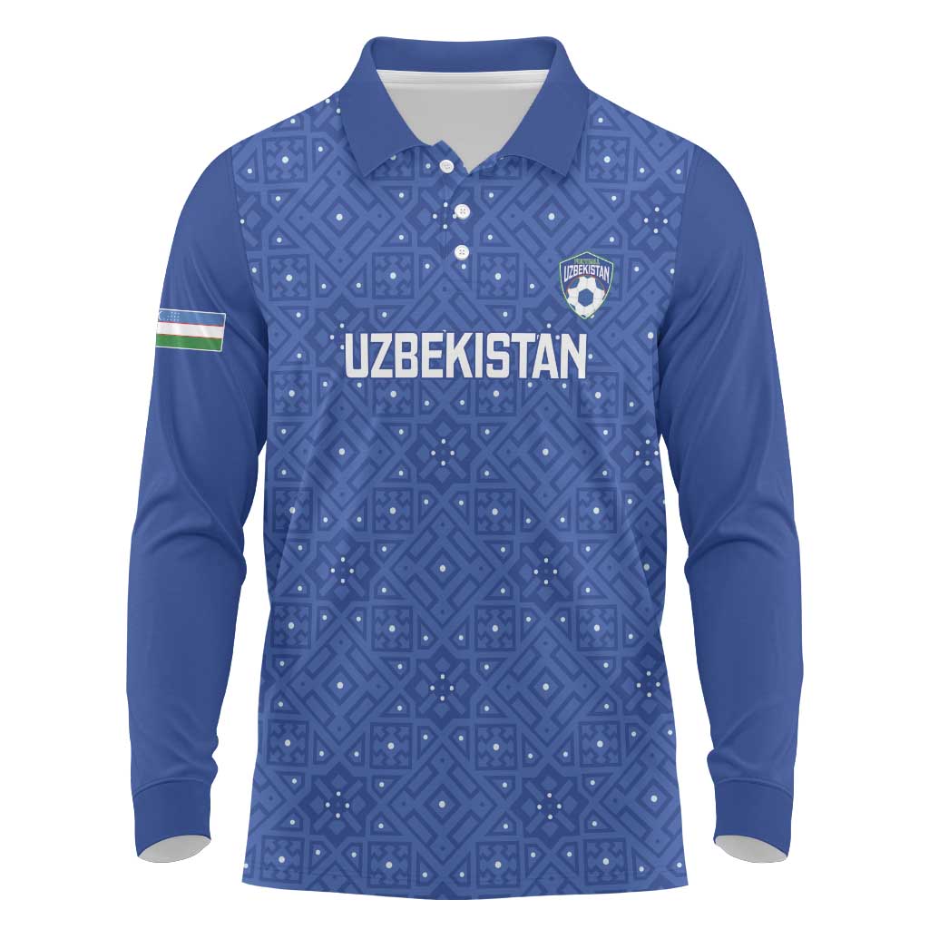 Uzbekistan Football Custom Long Sleeve Polo Shirt Come On White Wolves Blue - Wonder Print Shop