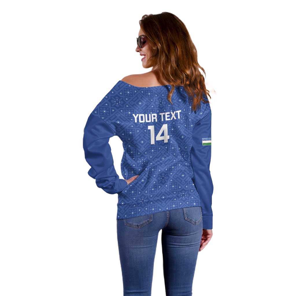 Uzbekistan Football Custom Off Shoulder Sweater Come On White Wolves Blue - Wonder Print Shop
