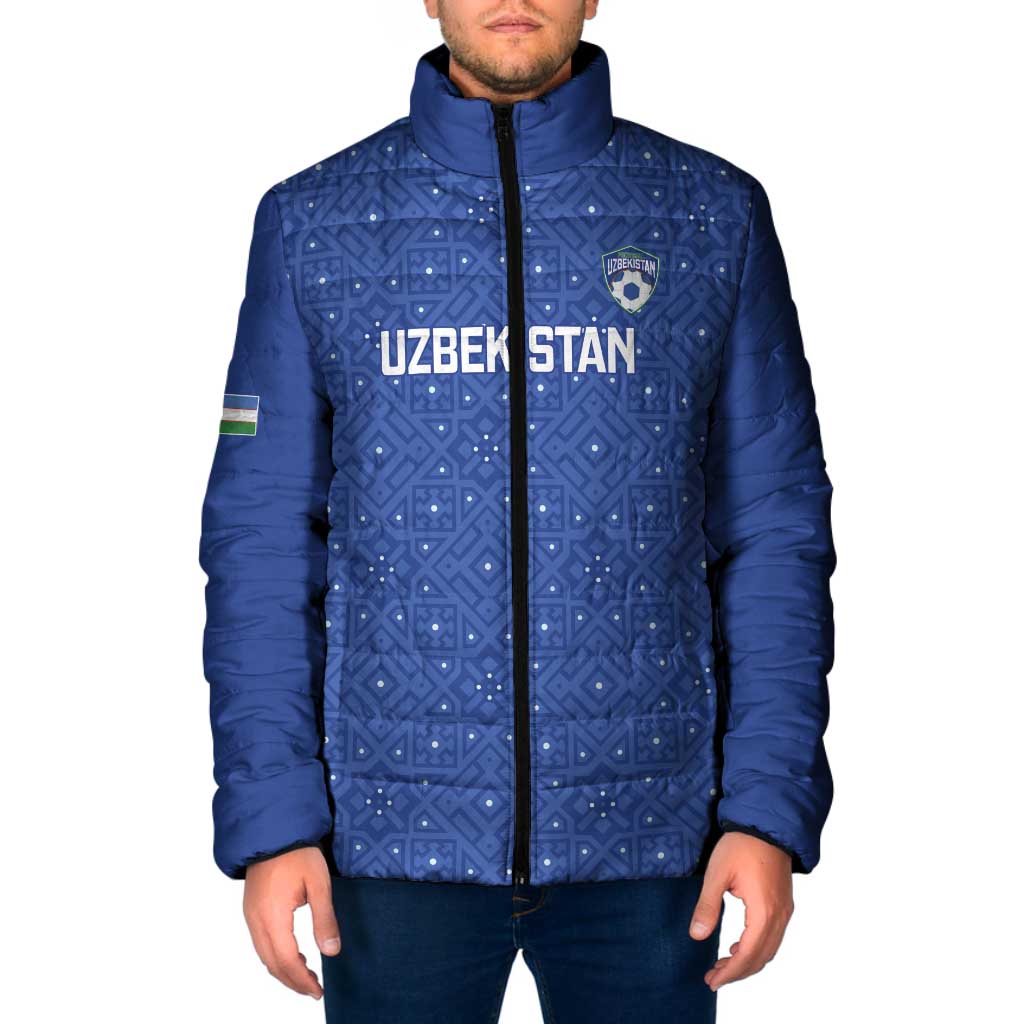 Uzbekistan Football Custom Padded Jacket Come On White Wolves Blue - Wonder Print Shop