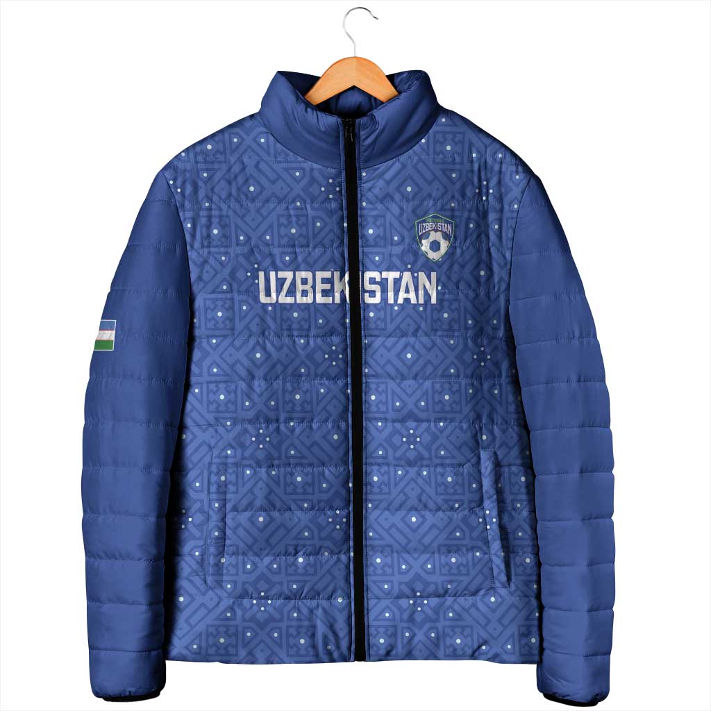 Uzbekistan Football Custom Padded Jacket Come On White Wolves Blue - Wonder Print Shop
