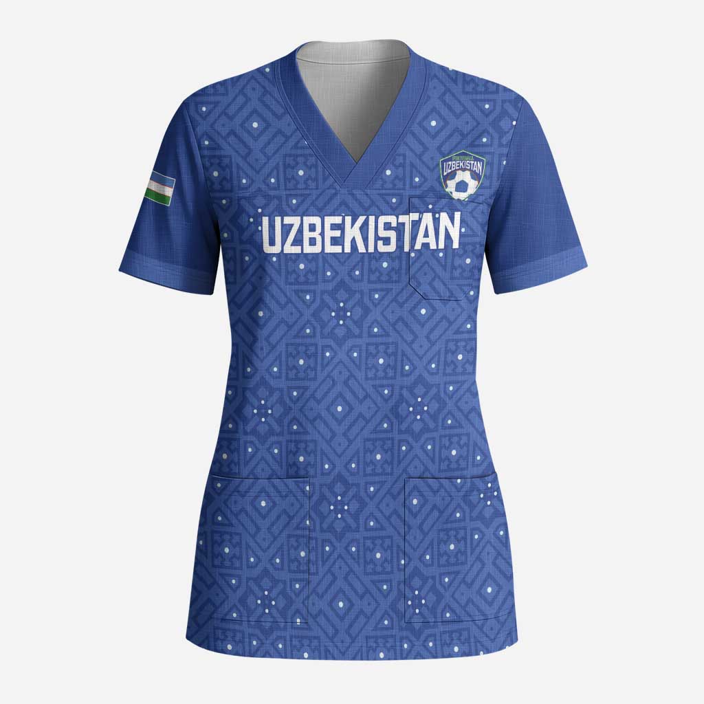 Uzbekistan Football Custom Scrub Top Come On White Wolves Blue - Wonder Print Shop
