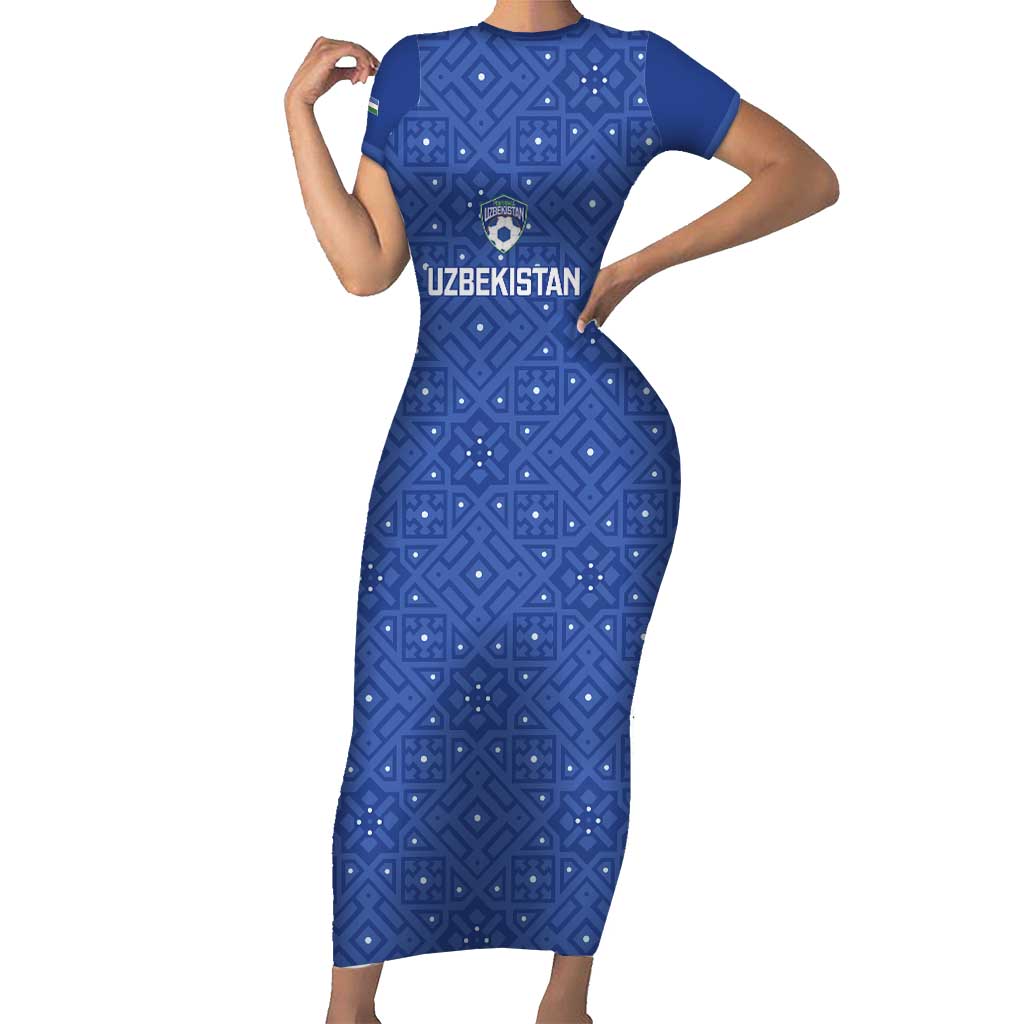 Uzbekistan Football Custom Short Sleeve Bodycon Dress Come On White Wolves Blue - Wonder Print Shop