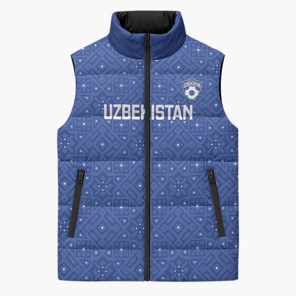 Uzbekistan Football Custom Sleeveless Puffer Jacket Come On White Wolves Blue - Wonder Print Shop