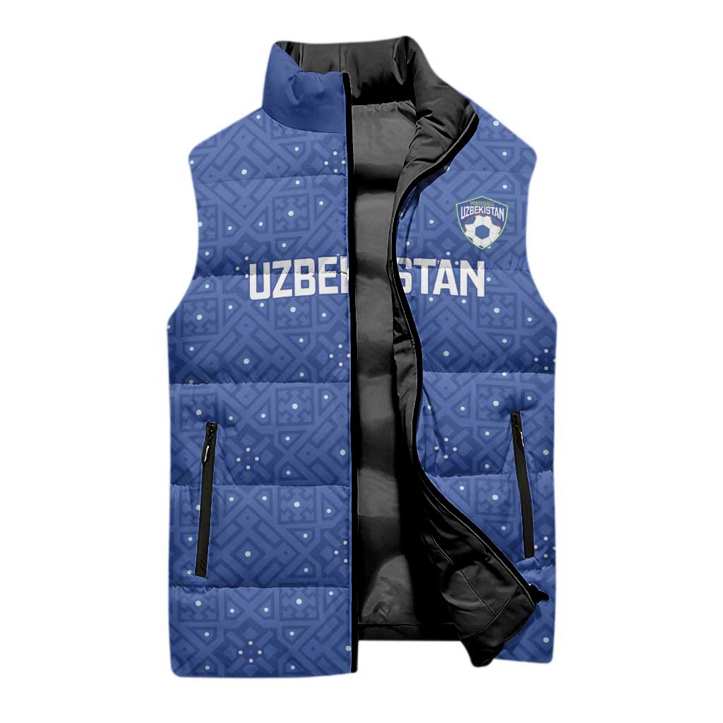 Uzbekistan Football Custom Sleeveless Puffer Jacket Come On White Wolves Blue - Wonder Print Shop