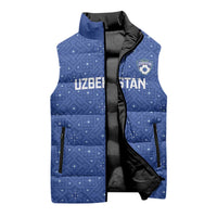Uzbekistan Football Custom Sleeveless Puffer Jacket Come On White Wolves Blue - Wonder Print Shop