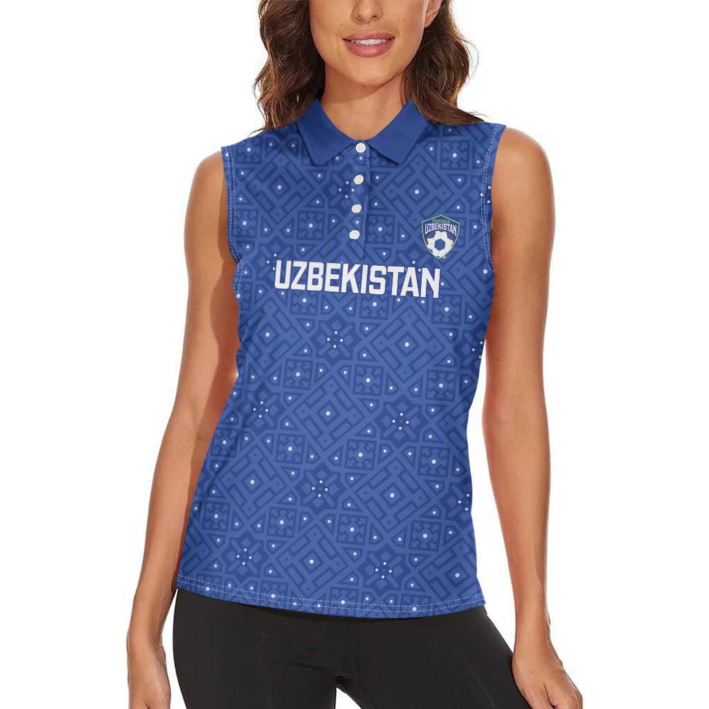 Uzbekistan Football Custom Women Sleeveless Polo Shirt Come On White Wolves Blue - Wonder Print Shop