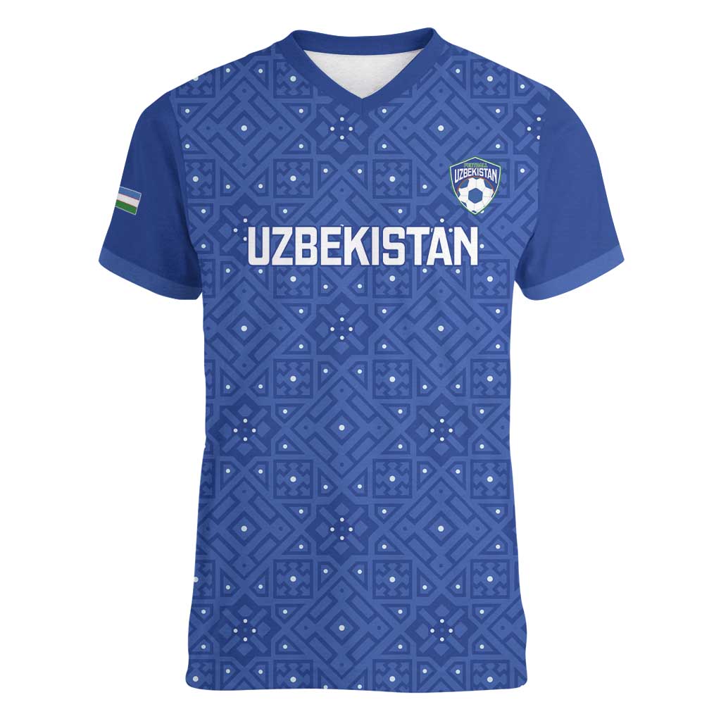 Uzbekistan Football Custom Women V-Neck T-Shirt Come On White Wolves Blue - Wonder Print Shop