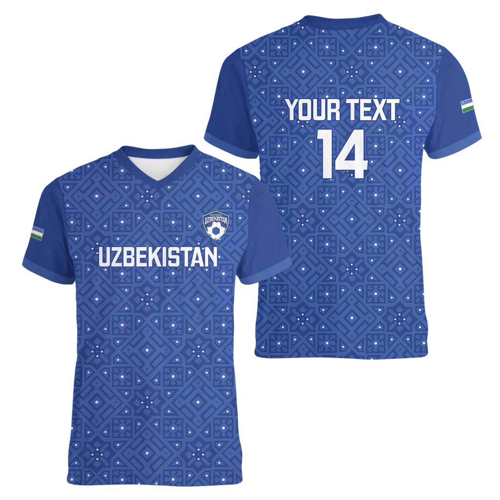 Uzbekistan Football Custom Women V-Neck T-Shirt Come On White Wolves Blue - Wonder Print Shop