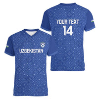 Uzbekistan Football Custom Women V-Neck T-Shirt Come On White Wolves Blue - Wonder Print Shop