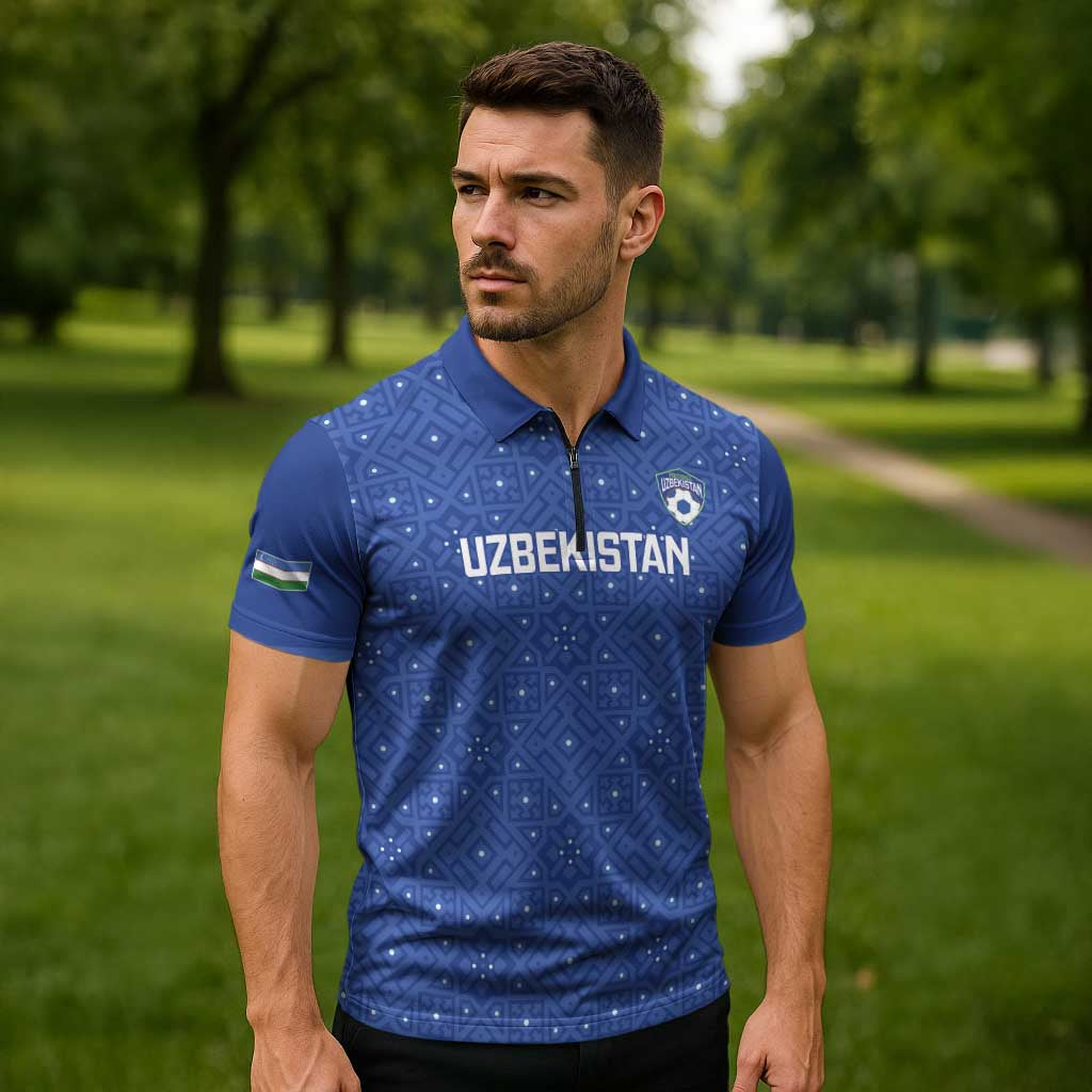 Uzbekistan Football Custom Zipper Polo Shirt Come On White Wolves Blue - Wonder Print Shop