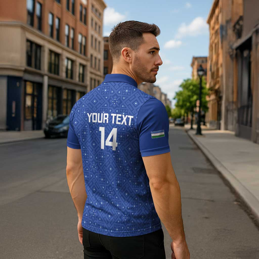 Uzbekistan Football Custom Zipper Polo Shirt Come On White Wolves Blue - Wonder Print Shop