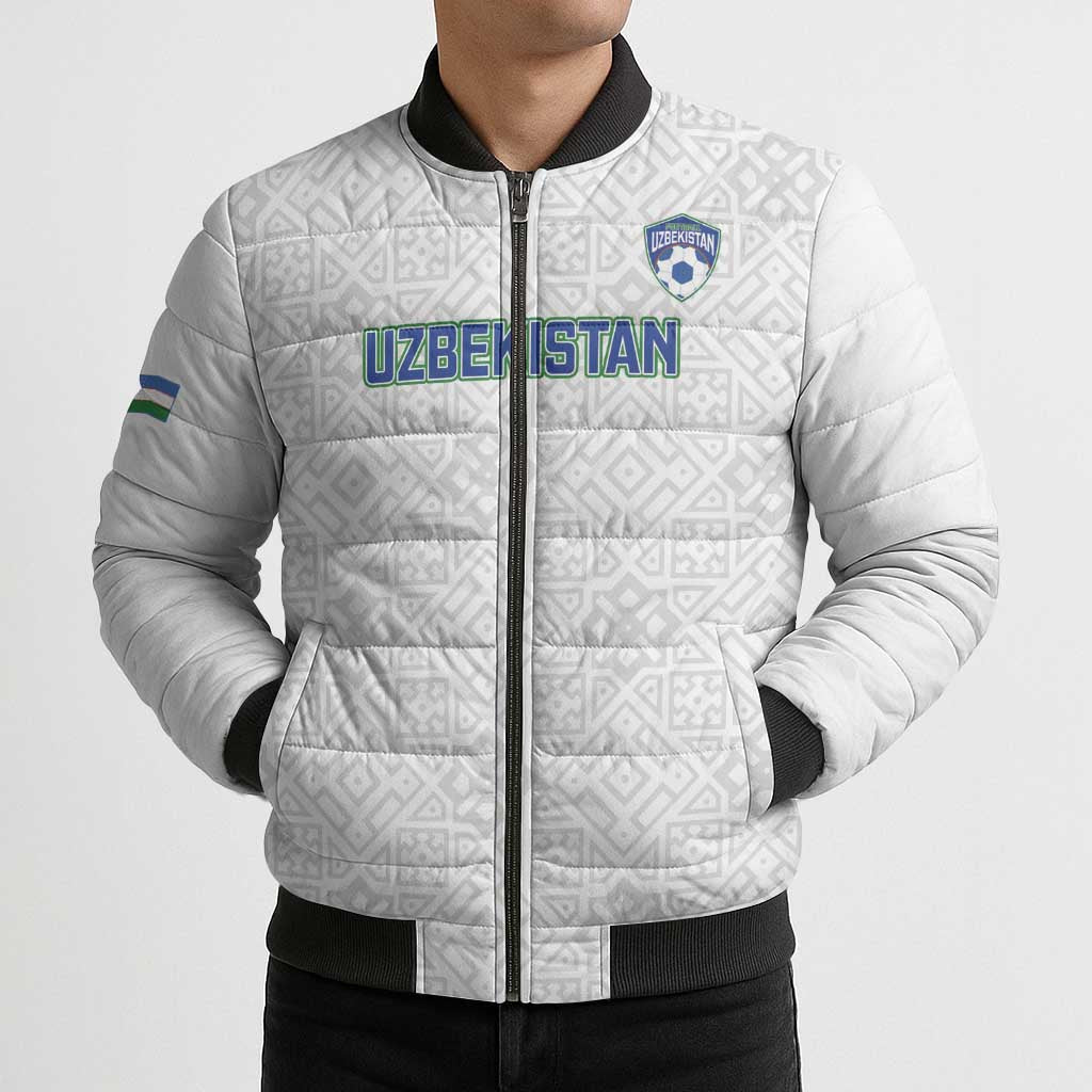 Uzbekistan Football Custom Bomber Puffer Jacket Come On White Wolves White - Wonder Print Shop