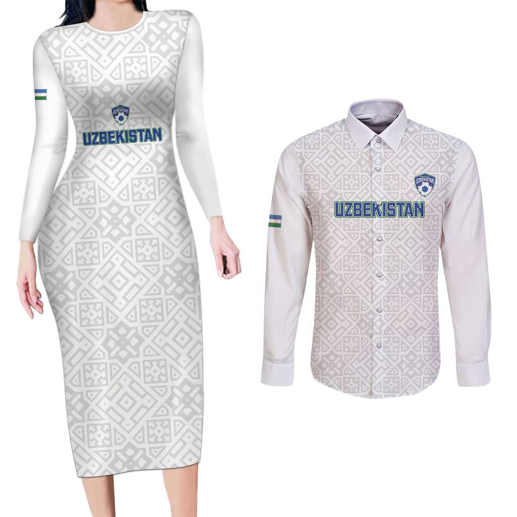Uzbekistan Football Custom Couples Matching Long Sleeve Bodycon Dress and Long Sleeve Button Shirt Come On White Wolves White - Wonder Print Shop