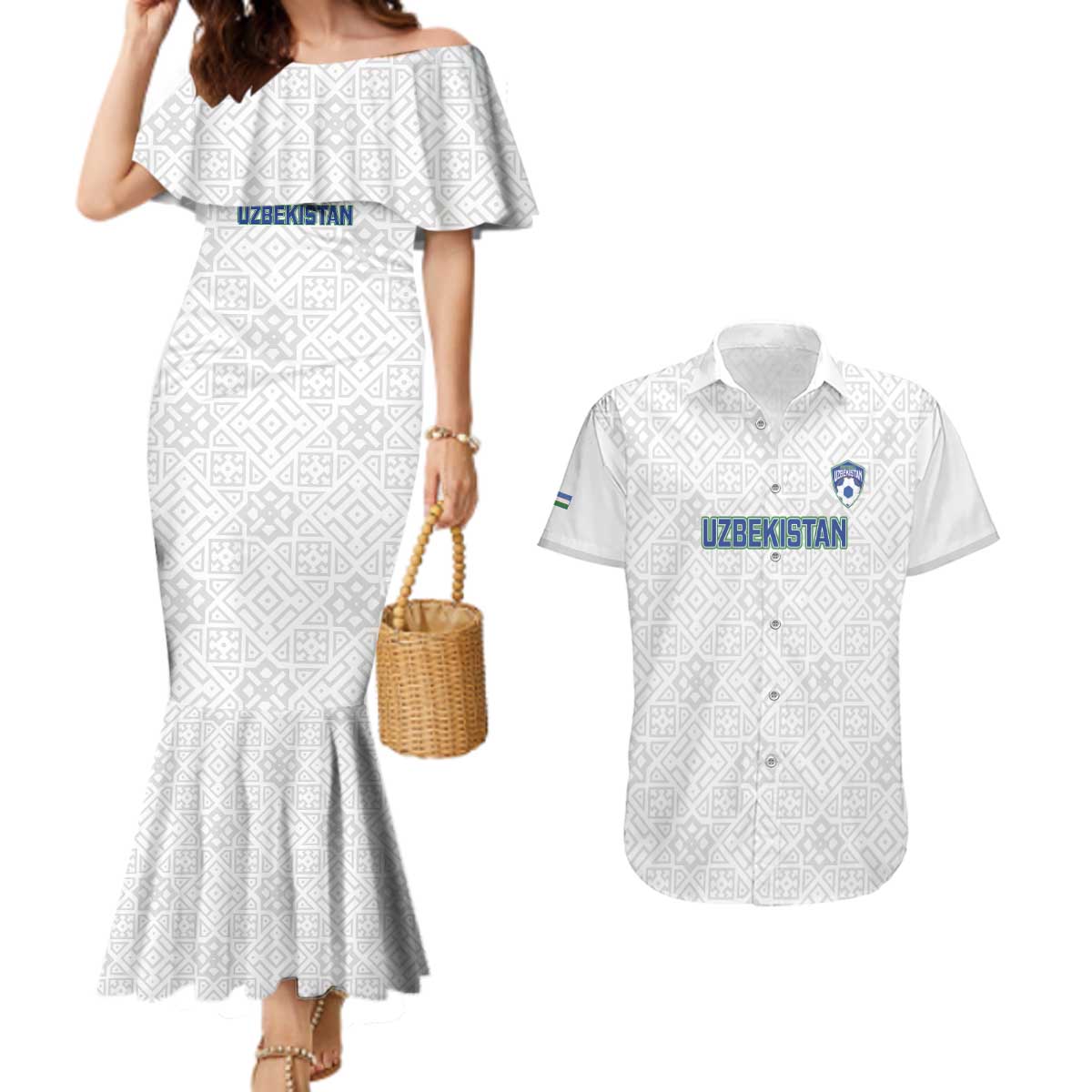 Uzbekistan Football Custom Couples Matching Mermaid Dress and Hawaiian Shirt Come On White Wolves White - Wonder Print Shop