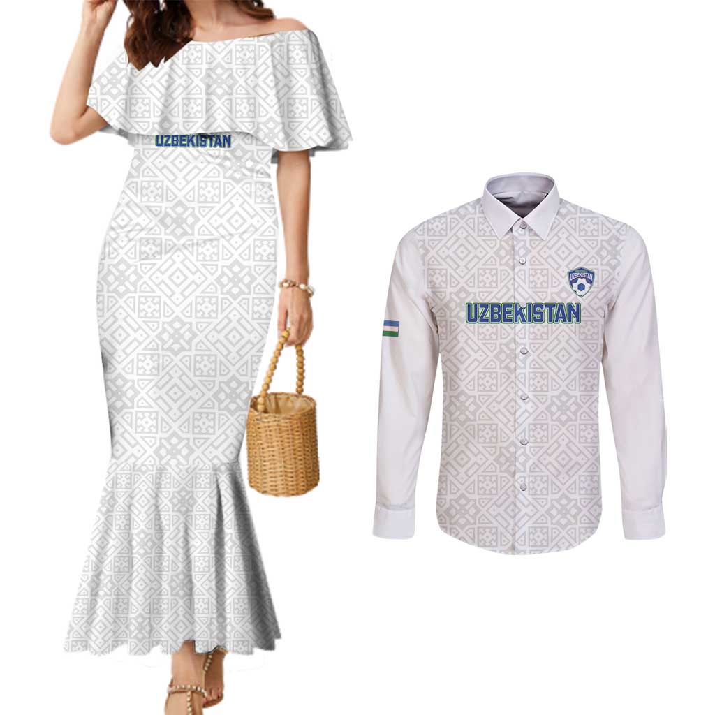 Uzbekistan Football Custom Couples Matching Mermaid Dress and Long Sleeve Button Shirt Come On White Wolves White - Wonder Print Shop