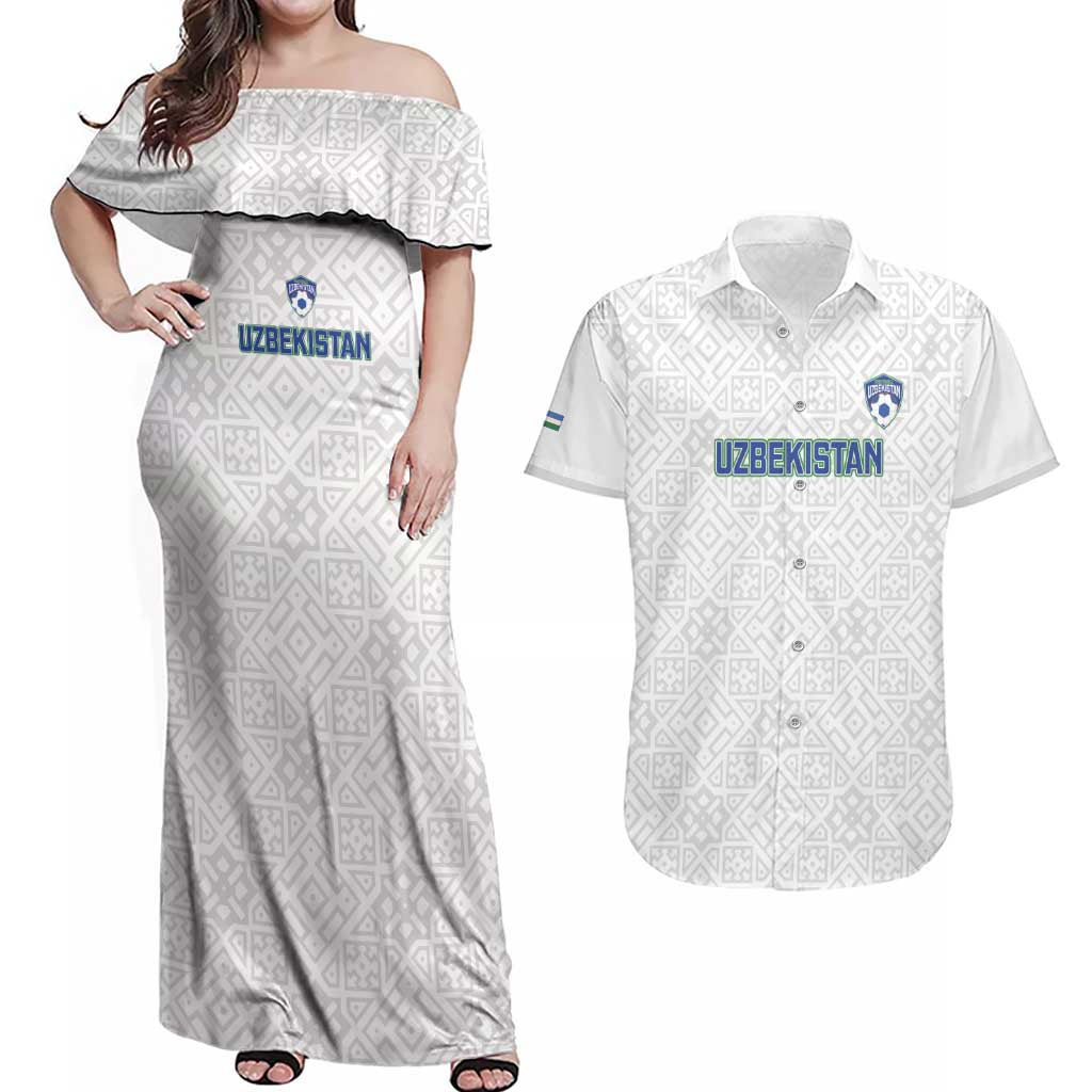 Uzbekistan Football Custom Couples Matching Off Shoulder Maxi Dress and Hawaiian Shirt Come On White Wolves White - Wonder Print Shop