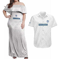 Uzbekistan Football Custom Couples Matching Off Shoulder Maxi Dress and Hawaiian Shirt Come On White Wolves White - Wonder Print Shop