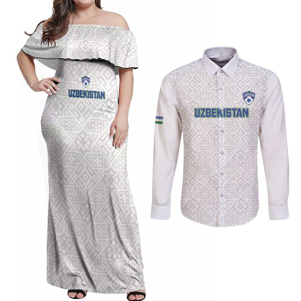 Uzbekistan Football Custom Couples Matching Off Shoulder Maxi Dress and Long Sleeve Button Shirt Come On White Wolves White - Wonder Print Shop