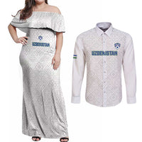 Uzbekistan Football Custom Couples Matching Off Shoulder Maxi Dress and Long Sleeve Button Shirt Come On White Wolves White - Wonder Print Shop