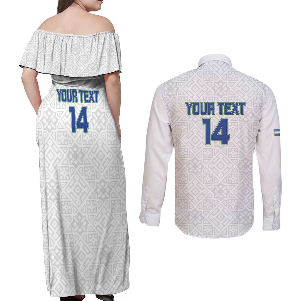 Uzbekistan Football Custom Couples Matching Off Shoulder Maxi Dress and Long Sleeve Button Shirt Come On White Wolves White - Wonder Print Shop
