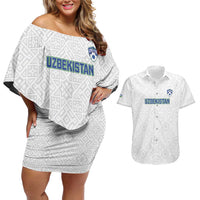 Uzbekistan Football Custom Couples Matching Off Shoulder Short Dress and Hawaiian Shirt Come On White Wolves White - Wonder Print Shop