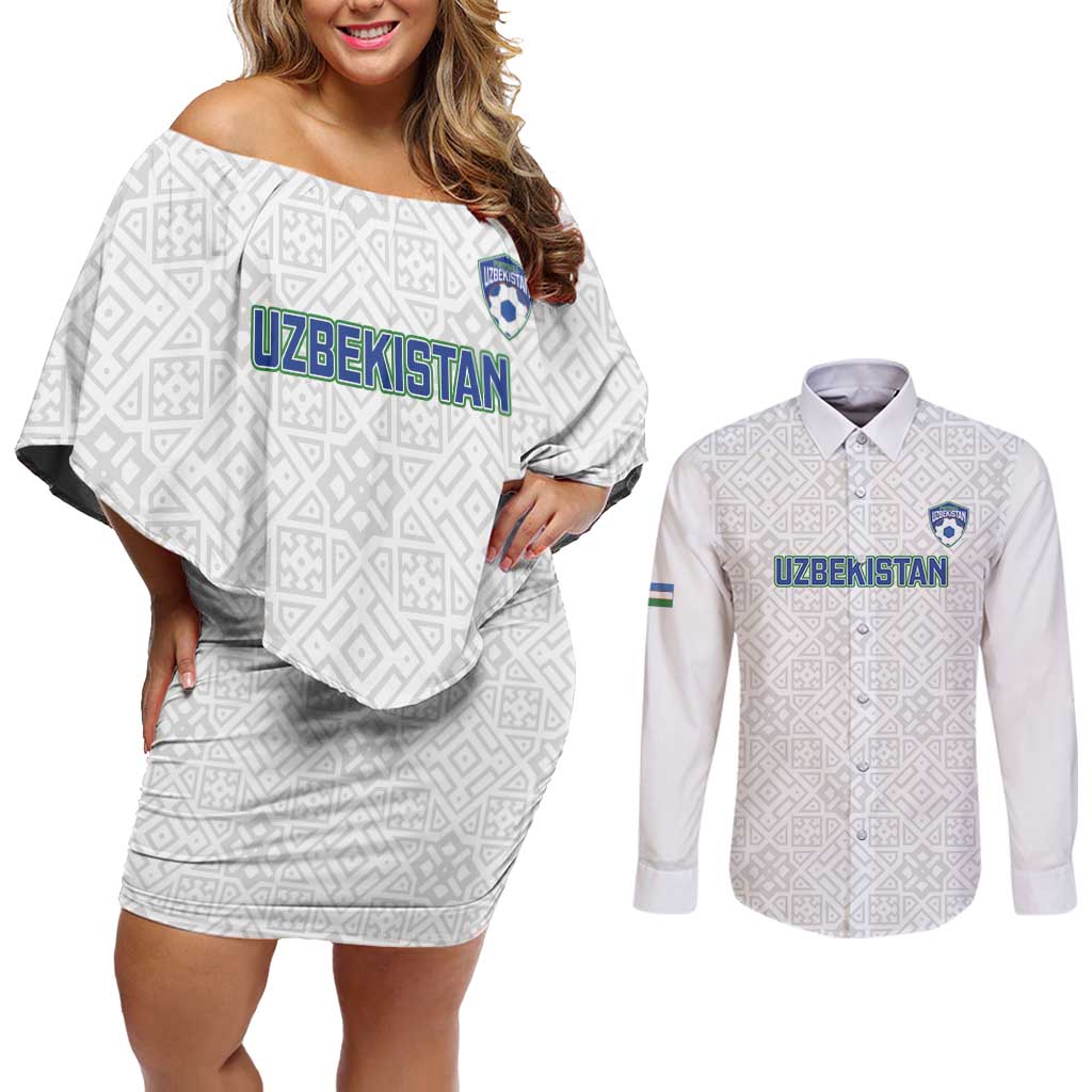 Uzbekistan Football Custom Couples Matching Off Shoulder Short Dress and Long Sleeve Button Shirt Come On White Wolves White - Wonder Print Shop
