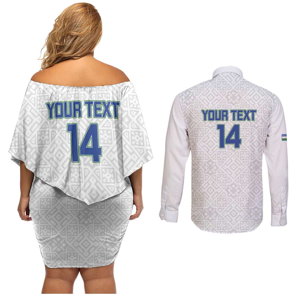 Uzbekistan Football Custom Couples Matching Off Shoulder Short Dress and Long Sleeve Button Shirt Come On White Wolves White - Wonder Print Shop