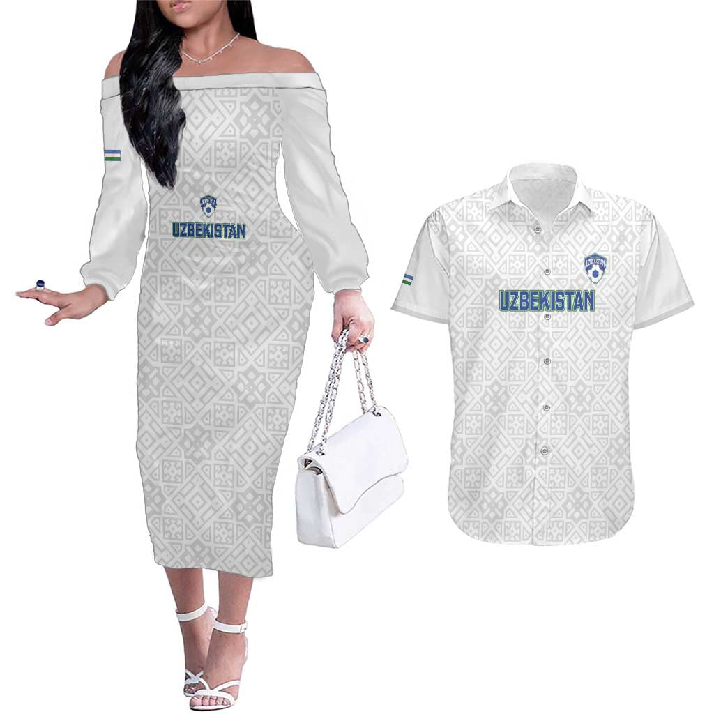Uzbekistan Football Custom Couples Matching Off The Shoulder Long Sleeve Dress and Hawaiian Shirt Come On White Wolves White - Wonder Print Shop