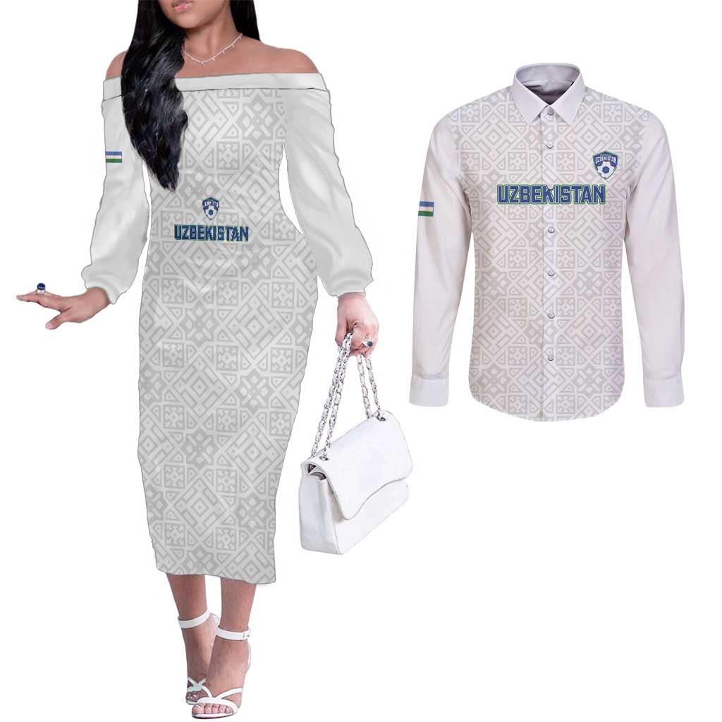 Uzbekistan Football Custom Couples Matching Off The Shoulder Long Sleeve Dress and Long Sleeve Button Shirt Come On White Wolves White - Wonder Print Shop