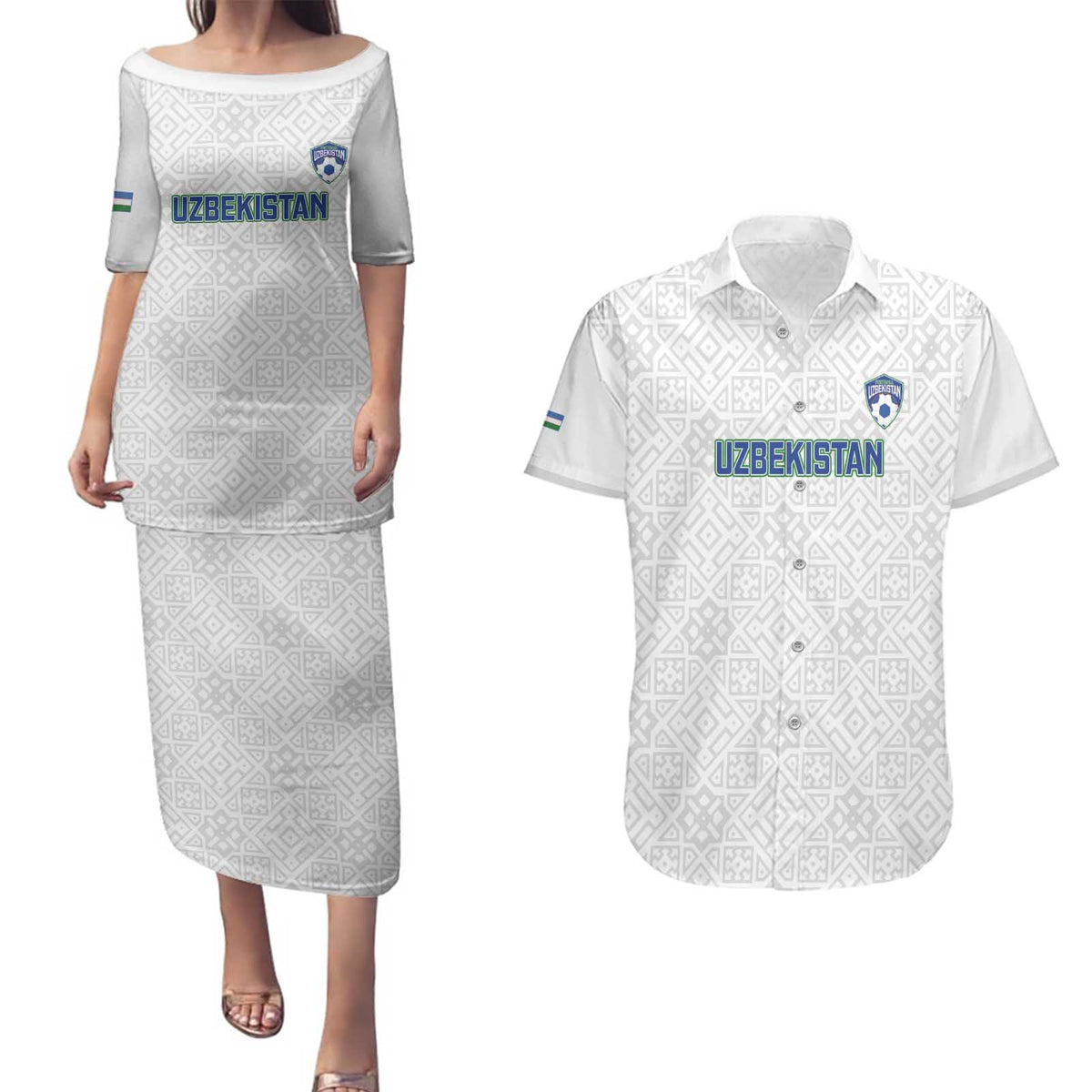 Uzbekistan Football Custom Couples Matching Puletasi and Hawaiian Shirt Come On White Wolves White - Wonder Print Shop