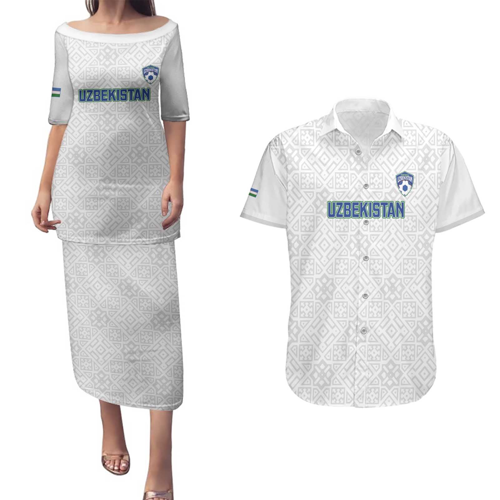 Uzbekistan Football Custom Couples Matching Puletasi and Hawaiian Shirt Come On White Wolves White - Wonder Print Shop