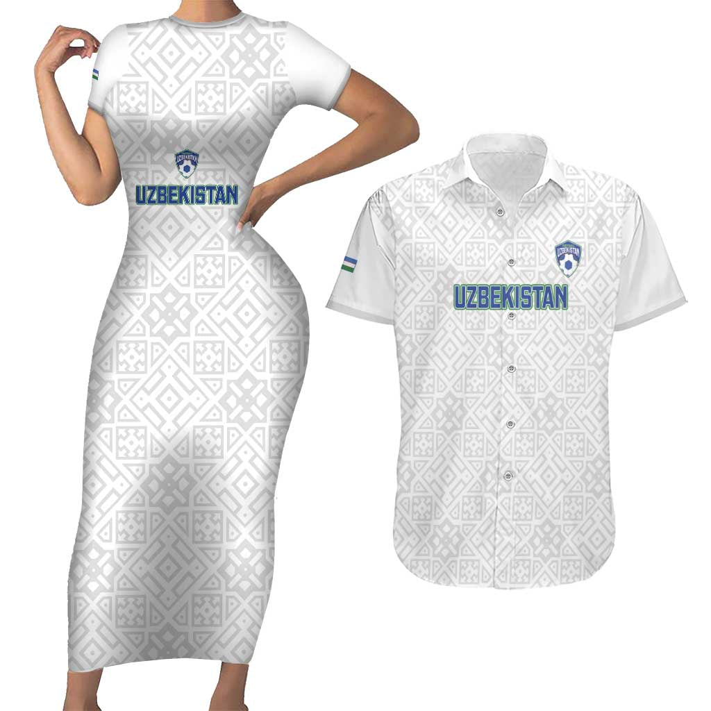 Uzbekistan Football Custom Couples Matching Short Sleeve Bodycon Dress and Hawaiian Shirt Come On White Wolves White - Wonder Print Shop