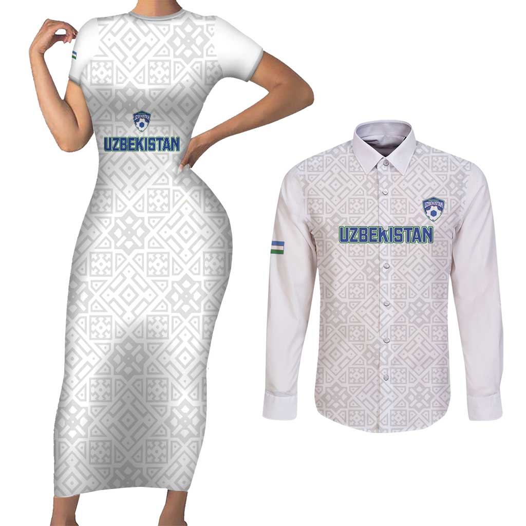 Uzbekistan Football Custom Couples Matching Short Sleeve Bodycon Dress and Long Sleeve Button Shirt Come On White Wolves White - Wonder Print Shop
