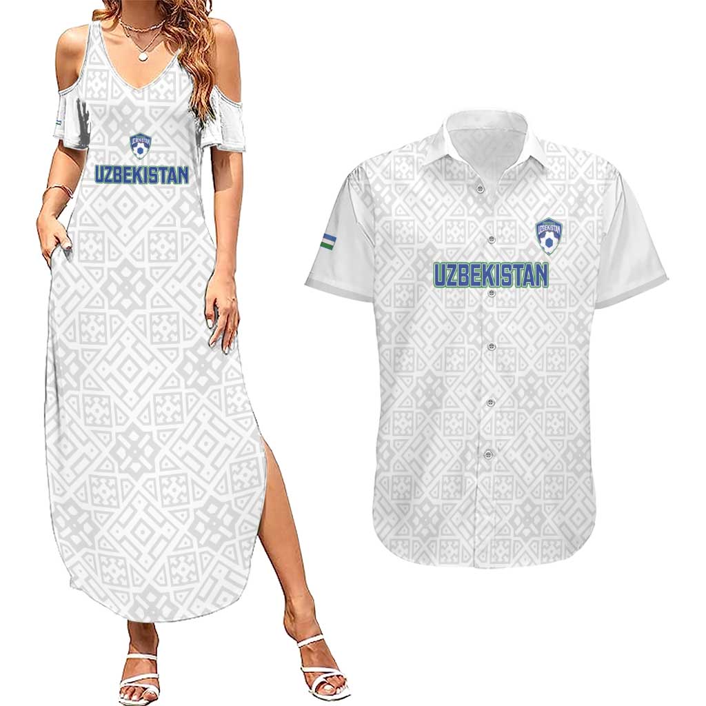 Uzbekistan Football Custom Couples Matching Summer Maxi Dress and Hawaiian Shirt Come On White Wolves White - Wonder Print Shop