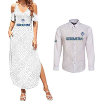 Uzbekistan Football Custom Couples Matching Summer Maxi Dress and Long Sleeve Button Shirt Come On White Wolves White - Wonder Print Shop