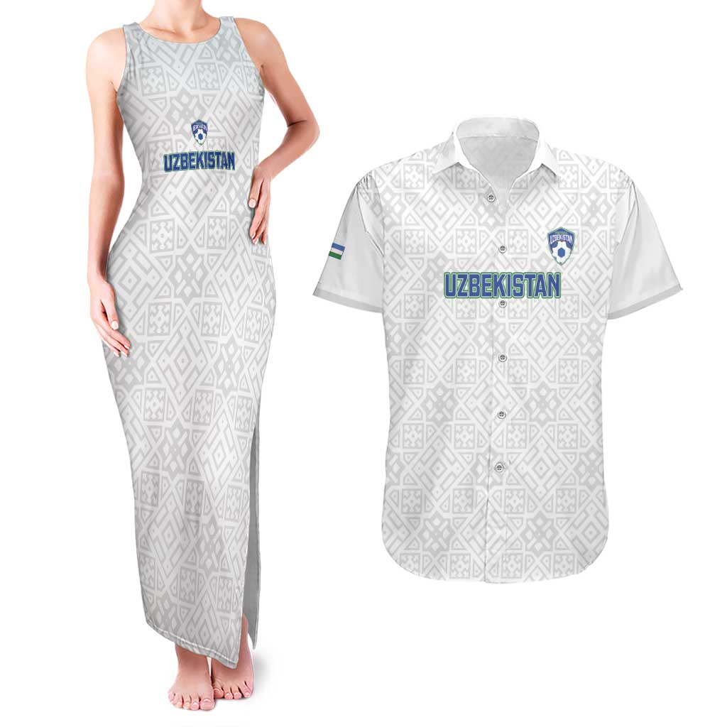 Uzbekistan Football Custom Couples Matching Tank Maxi Dress and Hawaiian Shirt Come On White Wolves White - Wonder Print Shop
