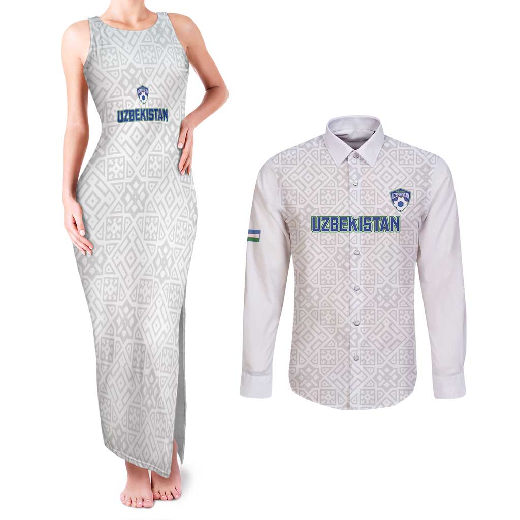 Uzbekistan Football Custom Couples Matching Tank Maxi Dress and Long Sleeve Button Shirt Come On White Wolves White - Wonder Print Shop