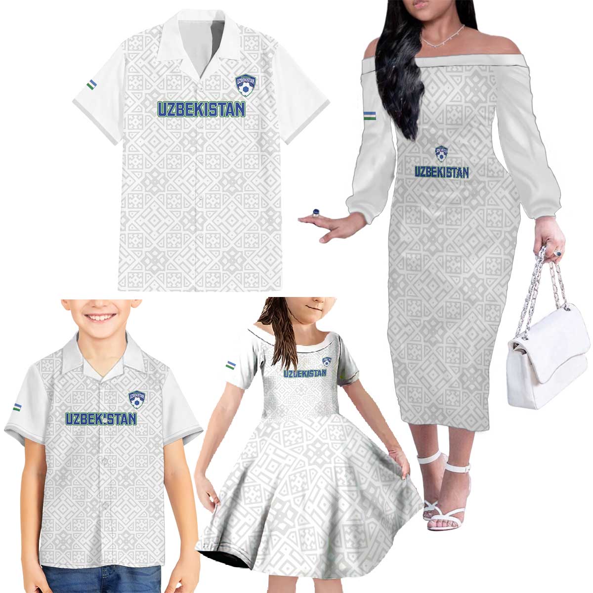 Uzbekistan Football Custom Family Matching Off The Shoulder Long Sleeve Dress and Hawaiian Shirt Come On White Wolves White - Wonder Print Shop