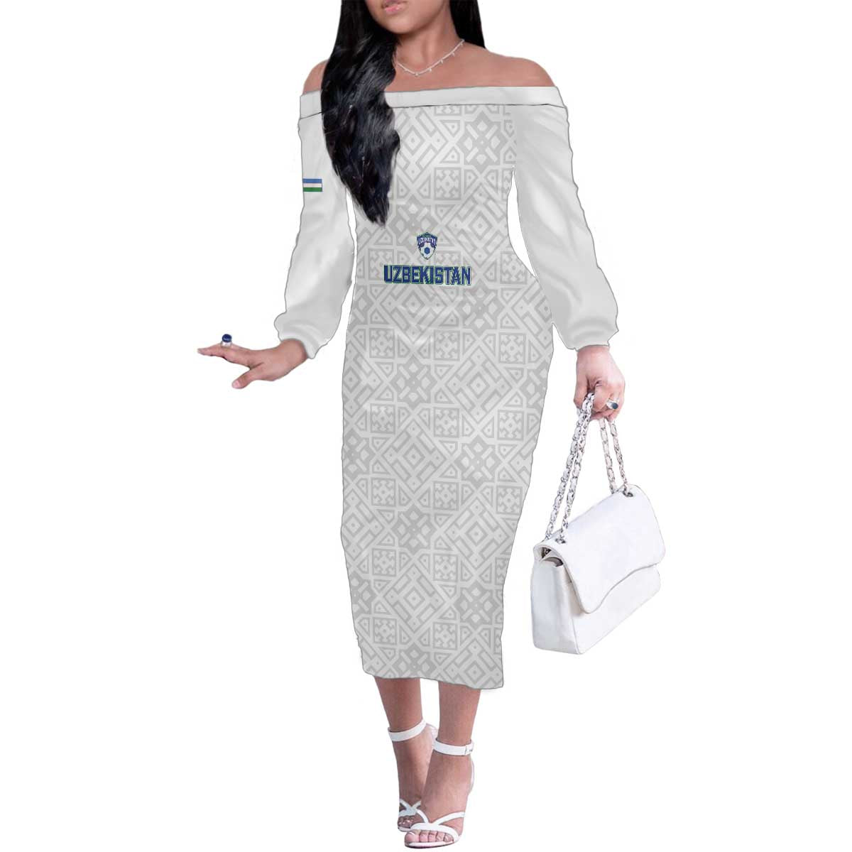 Uzbekistan Football Custom Family Matching Off The Shoulder Long Sleeve Dress and Hawaiian Shirt Come On White Wolves White - Wonder Print Shop