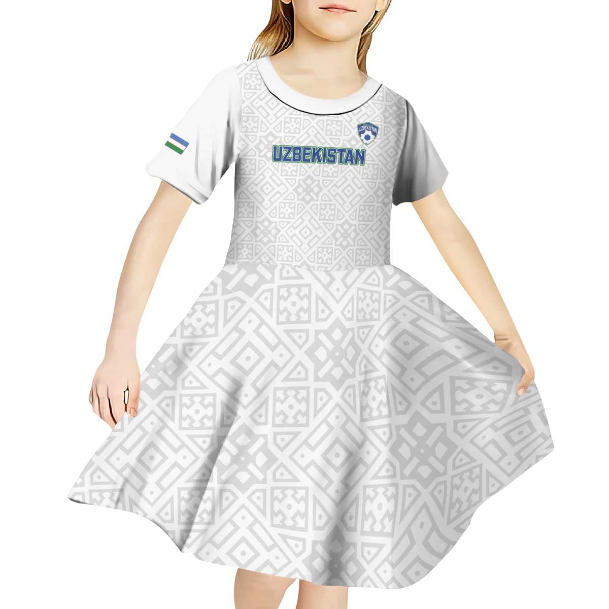Uzbekistan Football Custom Kid Short Sleeve Dress Come On White Wolves White - Wonder Print Shop