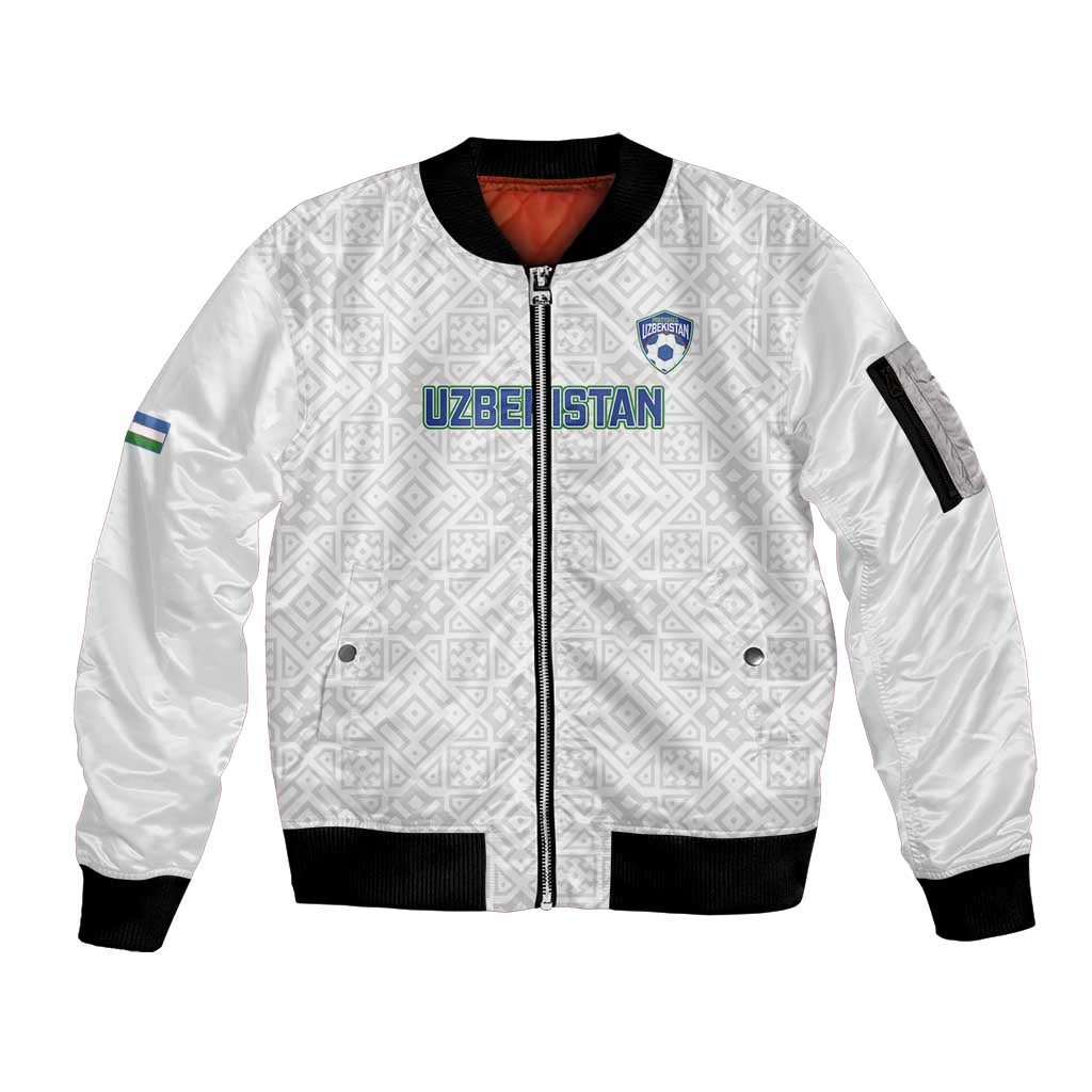Uzbekistan Football Custom Sleeve Zip Bomber Jacket Come On White Wolves White - Wonder Print Shop