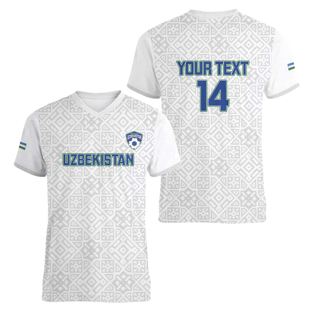 Uzbekistan Football Custom Women V-Neck T-Shirt Come On White Wolves White - Wonder Print Shop