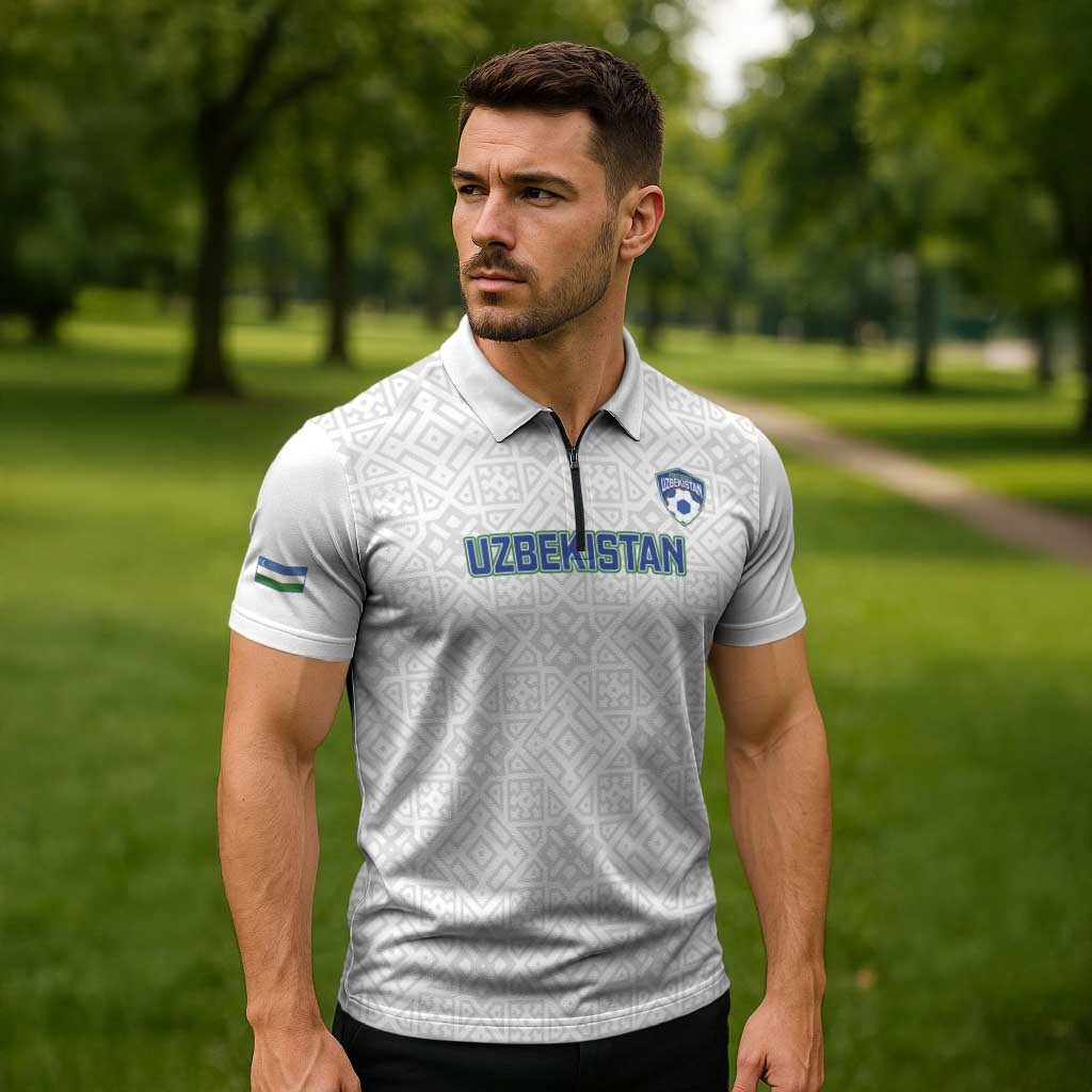 Uzbekistan Football Custom Zipper Polo Shirt Come On White Wolves White - Wonder Print Shop