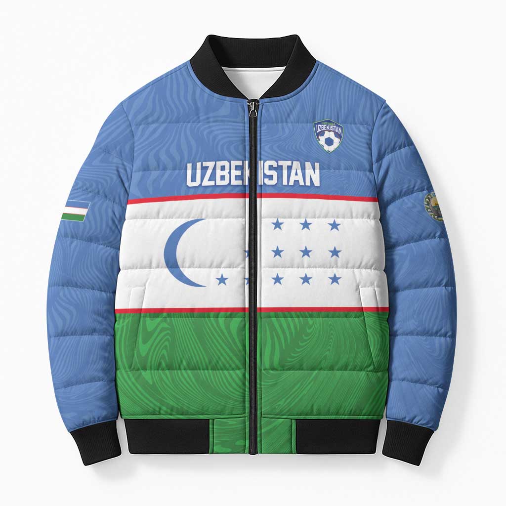 Uzbekistan Football Custom Bomber Puffer Jacket Come On White Wolves Flag Style - Wonder Print Shop